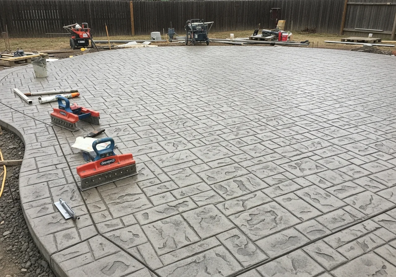 Concrete work in progress showing stamped patio installation with tools and materials on site.