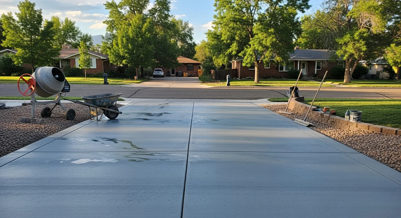 Professional concrete contractor pouring and finishing concrete driveway