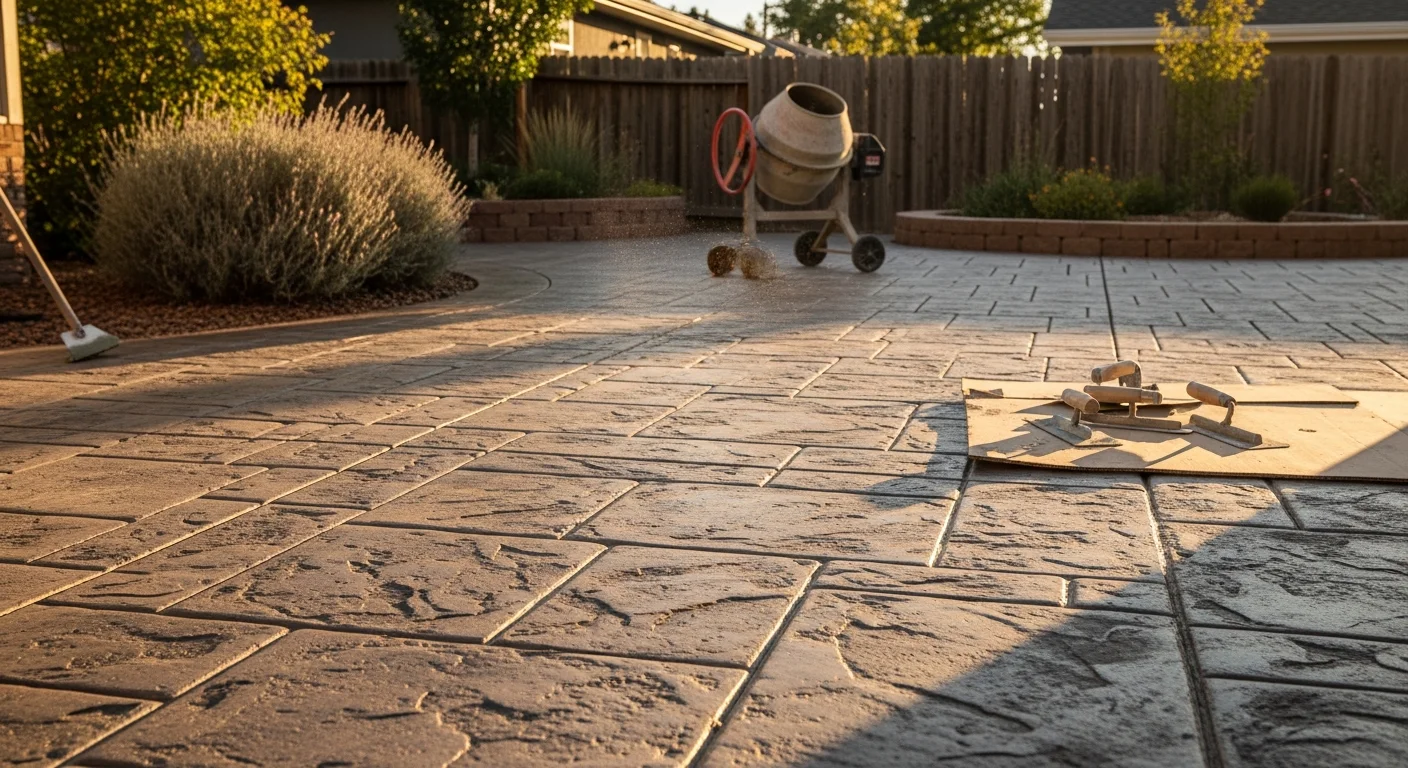 Stamped concrete patio with decorative finish in residential backyard