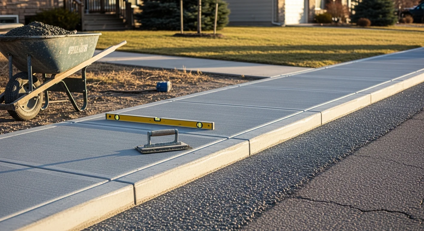 Newly poured concrete sidewalk with clean finish along residential property
