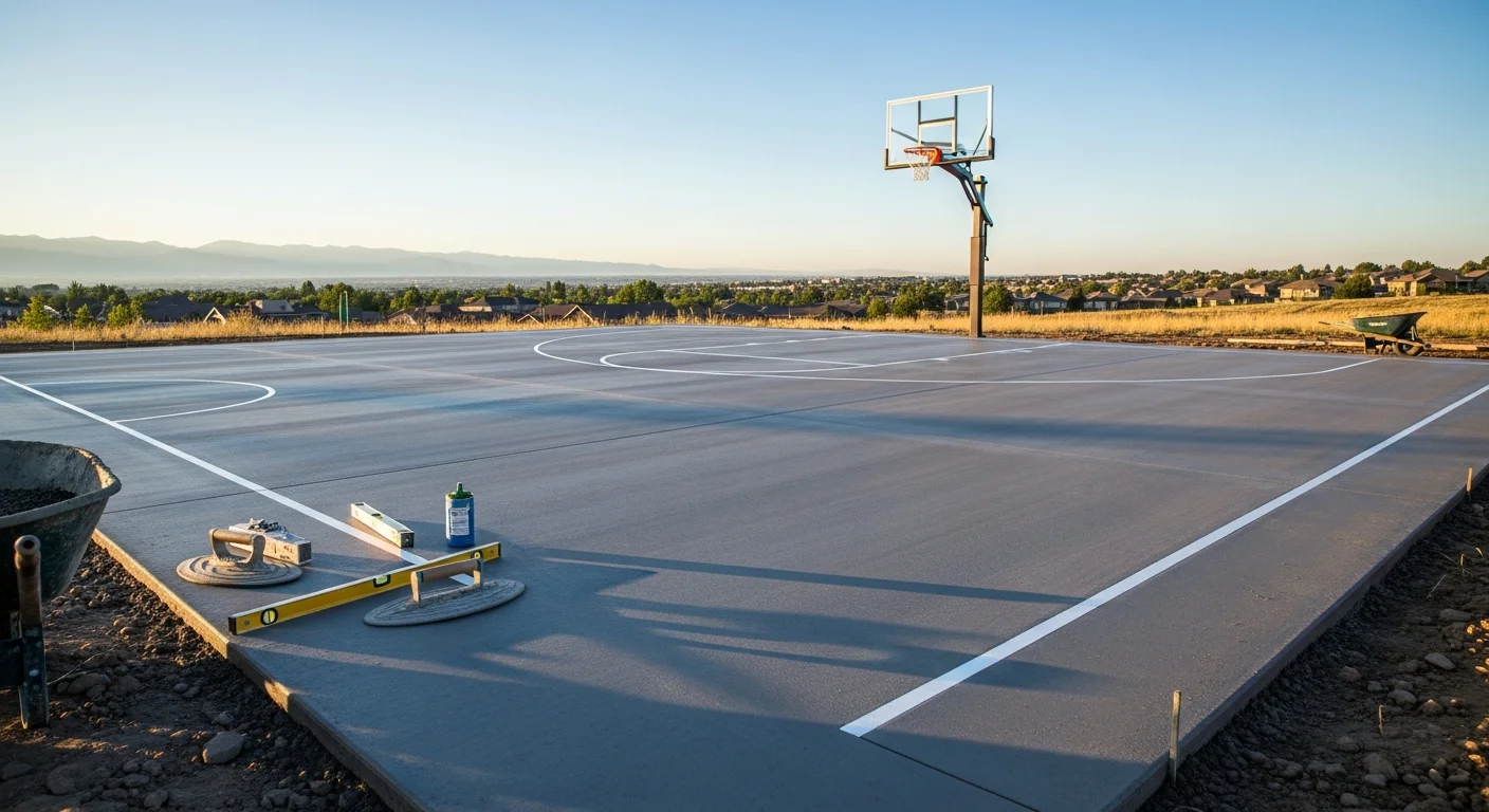 Newly installed concrete basketball court with professional finishing