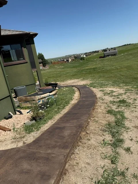 Dark concrete pathway winding through grassy residential lot with green structures in background
