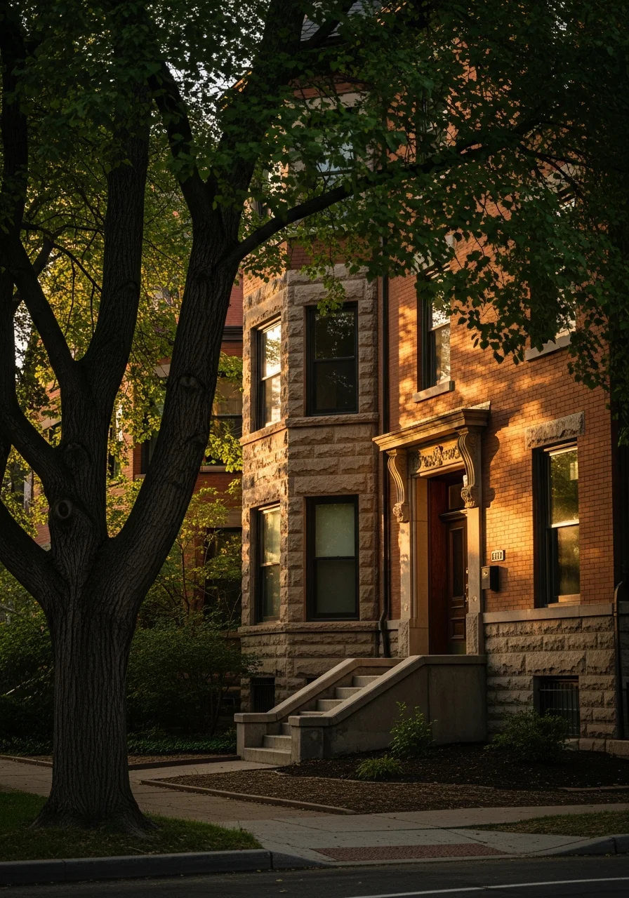 Street-level view of a Denver neighborhood home with mature trees and urban architecture.