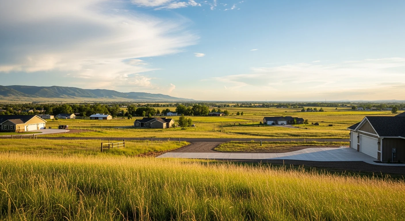 Wide view of Franktown's rural landscape with homes, open land, and Colorado sky.