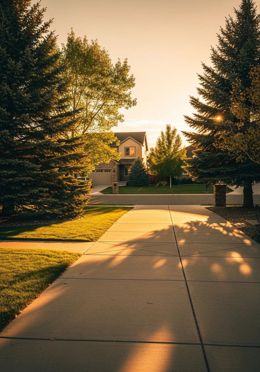 Portrait of a Highland Ranch homeowner at their property with neighborhood homes and mature trees.