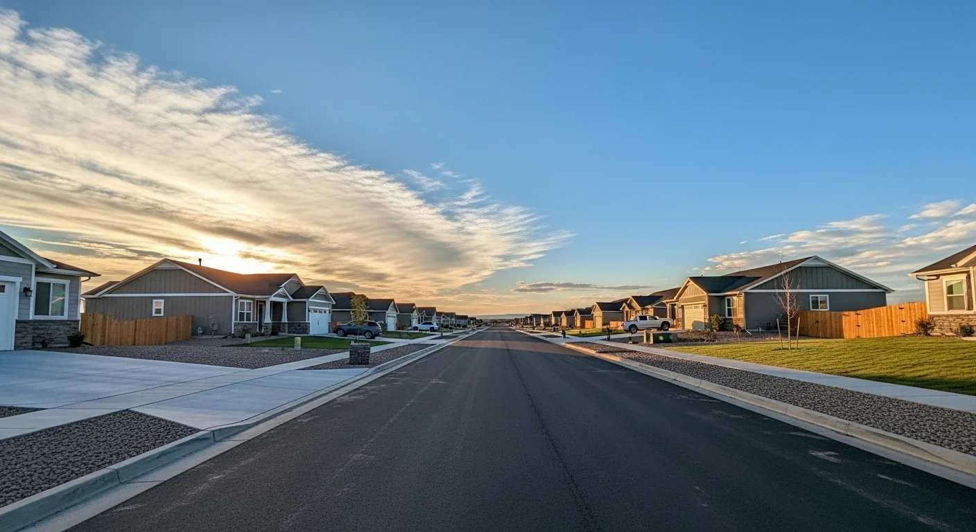 Wide view of Kiowa's main street with newer residential homes and open sky in the background.