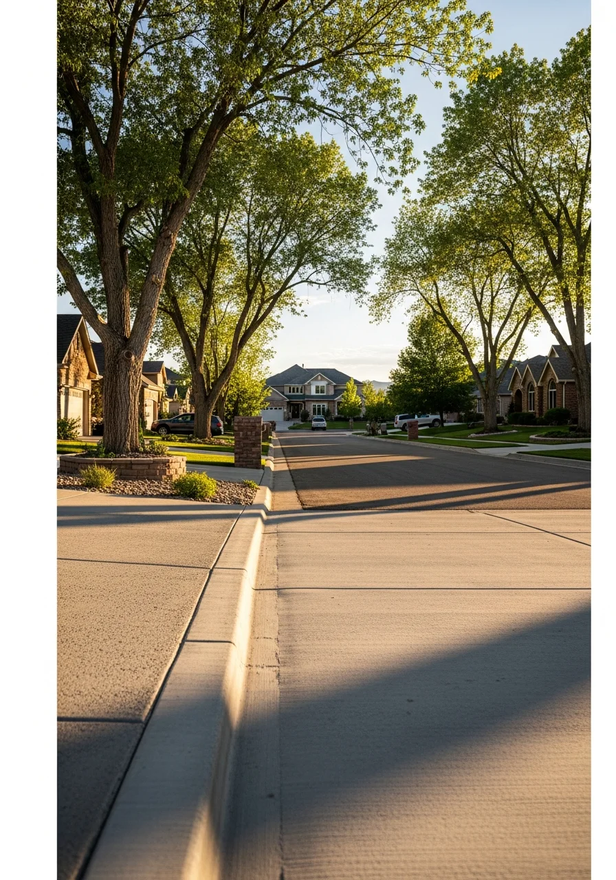 Portrait of a Parker homeowner at their property with neighborhood homes and mature trees in background.