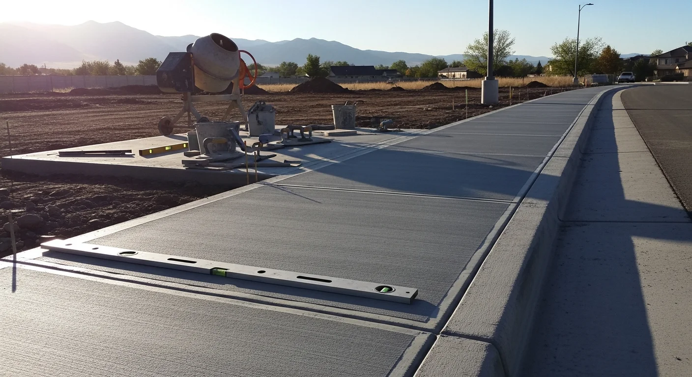 Freshly poured ADA compliant concrete sidewalk with a sloped curb ramp and detectable warning surface at a commercial property in Kiowa, Colorado. The wide, smooth concrete path runs along the building frontage with clean formed edges and proper drainage slope.