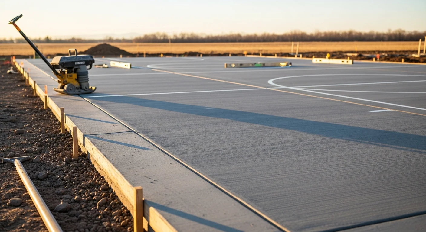 A freshly poured and broom-finished outdoor concrete basketball court slab on a residential property in Kiowa, Colorado, with a flat, level surface ready for hoop installation and sport coating. The surrounding area shows compacted subbase and open eastern plains landscape typical of the Kiowa region.