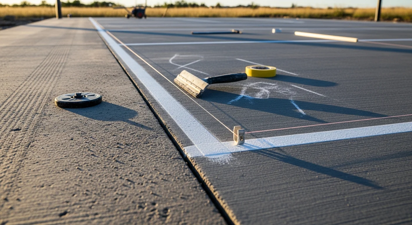 Freshly poured and striped commercial concrete sports court installed by L&M Concrete in Kiowa, Colorado, showing regulation basketball and pickleball line markings on a flat, finished slab. The court sits on a graded site with open Colorado high plains terrain visible in the background.