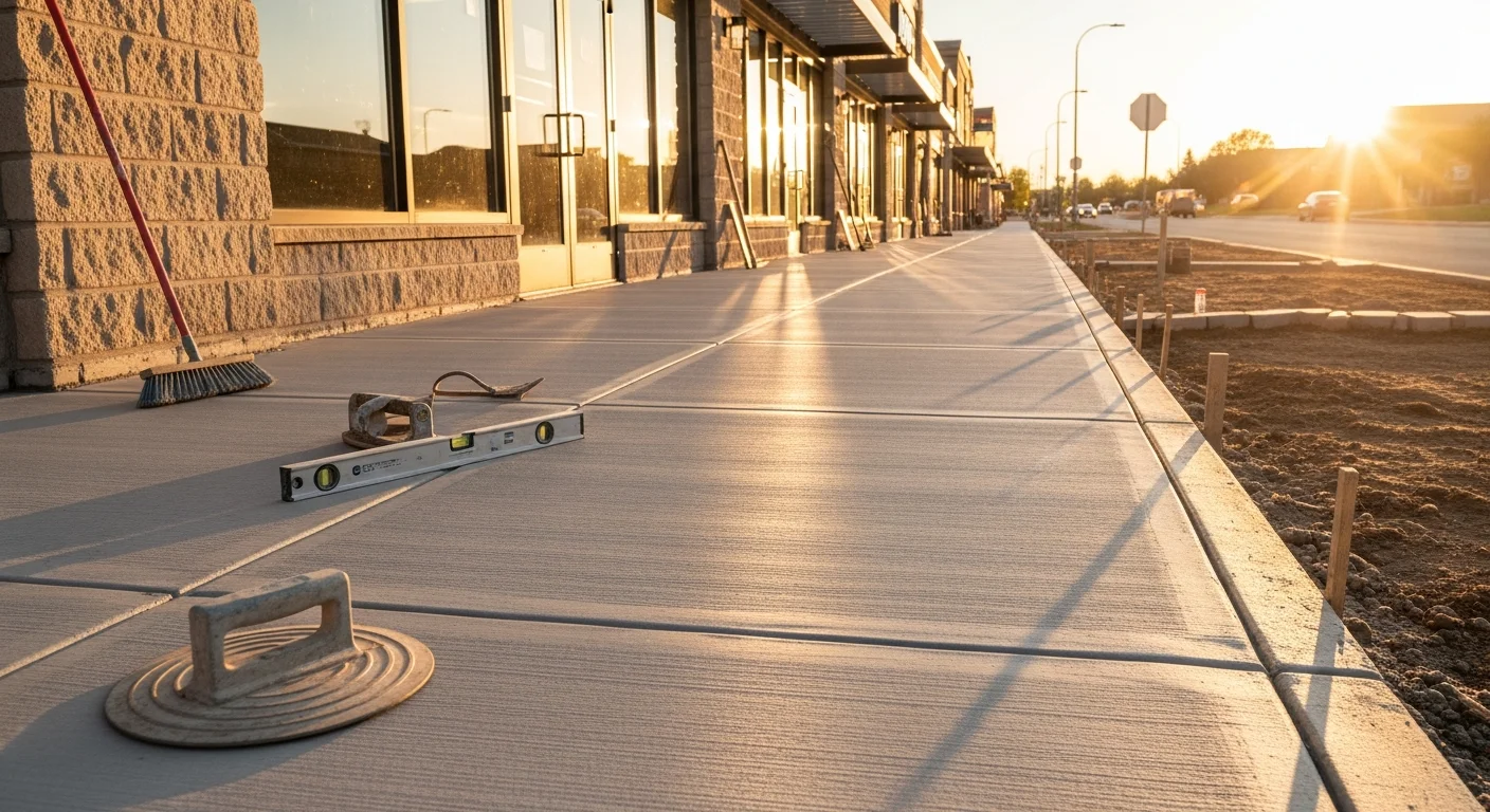 Freshly poured and finished concrete commercial sidewalk in front of a storefront in Kiowa, Colorado, with clean edges, visible control joints, and a smooth broom finish. The walkway runs parallel to the building entry on a clear day on the eastern Colorado plains.