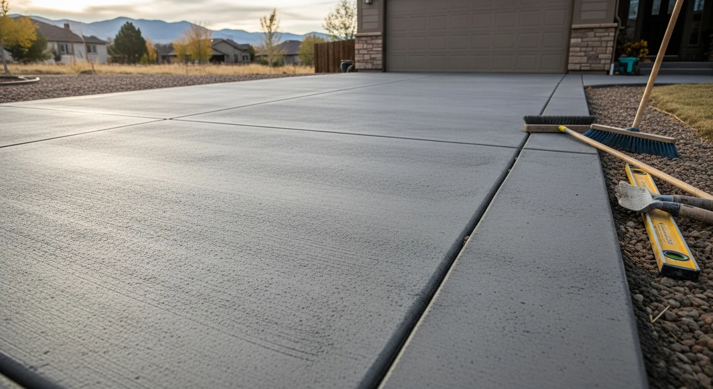 Freshly installed concrete driveway at a single-family home in Kiowa, Colorado, with a broom-finish surface and clean edges leading to a residential garage. The surrounding landscape reflects the open, rural character typical of Elbert County properties.
