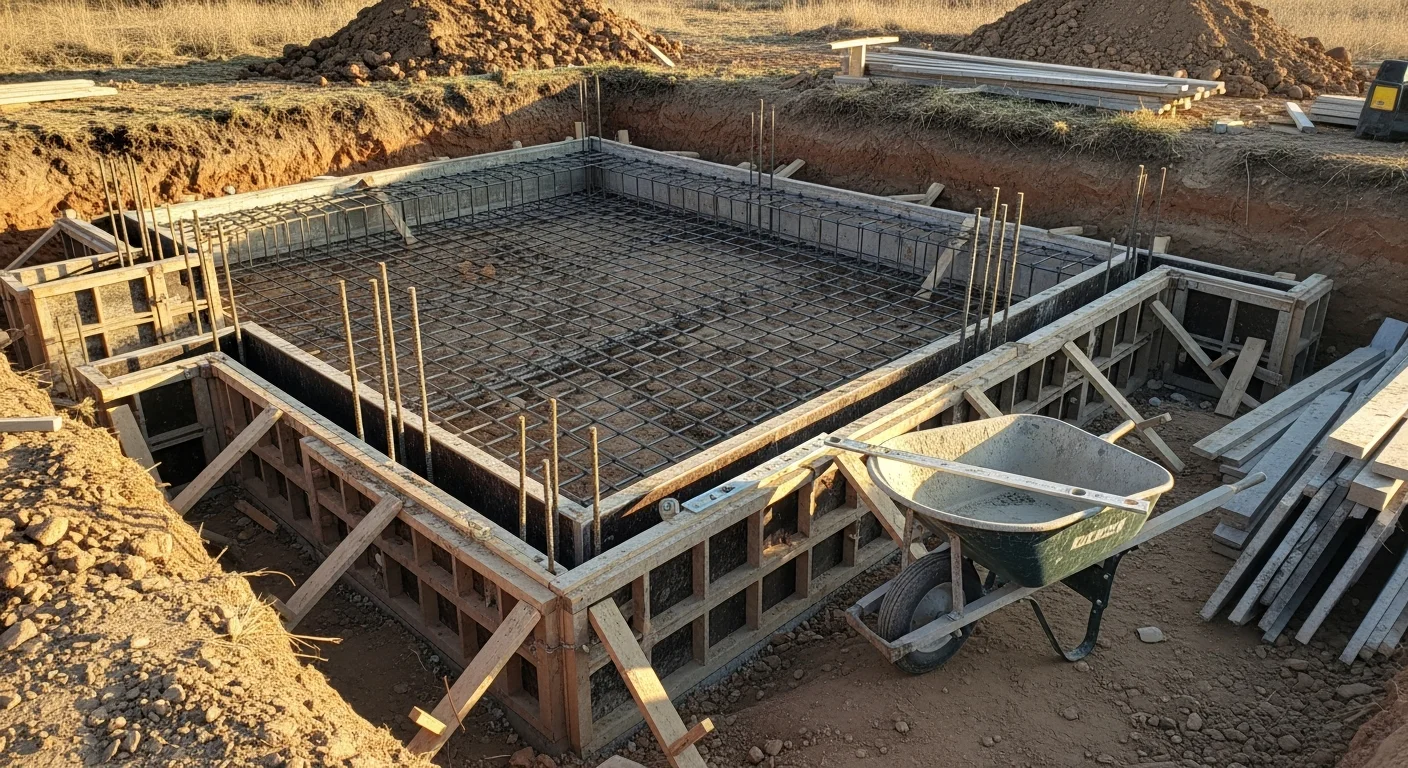 Freshly poured concrete foundation walls on a residential building site in Kiowa, Colorado, with compacted gravel base and steel reinforcement visible before backfill. Rural Elbert County landscape visible in the background.