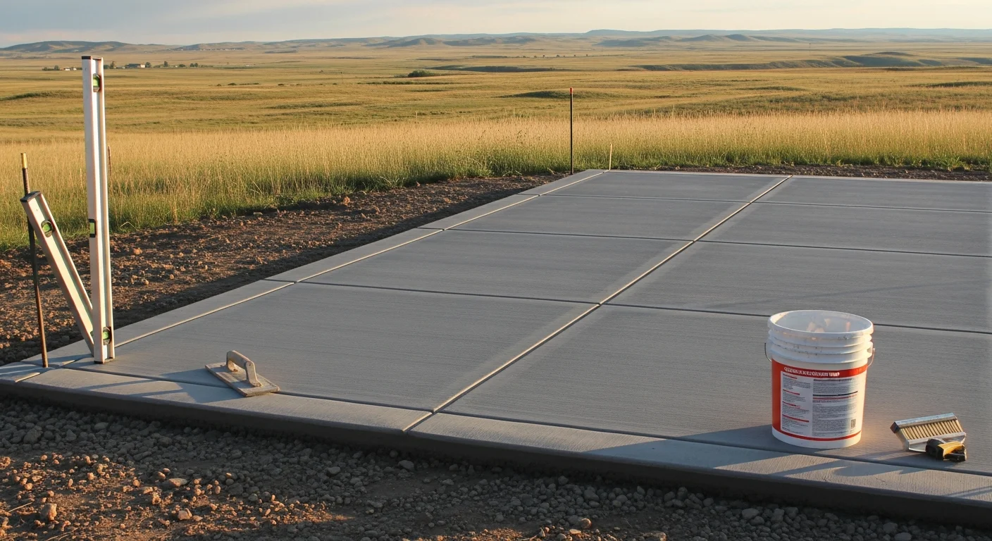 Freshly poured and finished concrete patio behind a ranch-style home in Kiowa, Colorado, with open plains visible in the background. The slab features a brushed finish and clean edges set against a large residential backyard.