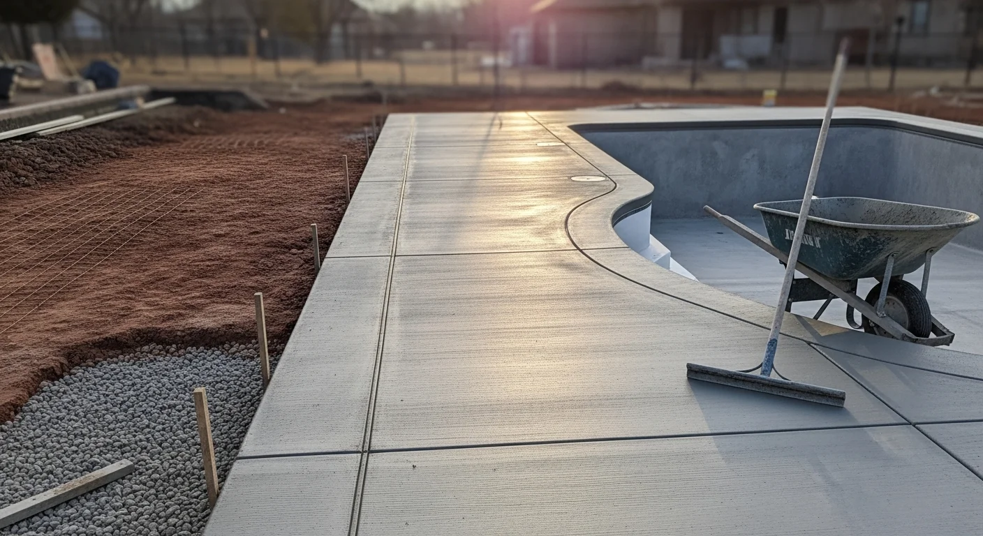 Freshly poured broom-finish concrete pool surround surrounding a backyard pool on a Kiowa, Colorado residential property. The slab shows clean control joints and a slight slope away from the pool edge toward the yard.