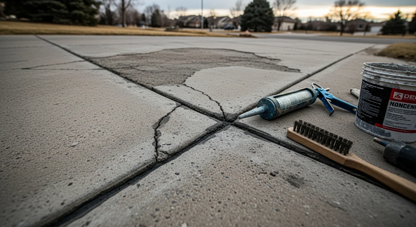 A repaired residential concrete driveway in Kiowa, Colorado, showing a smooth, crack-free surface after professional concrete repair work. The surrounding yard and home exterior are visible in the background.