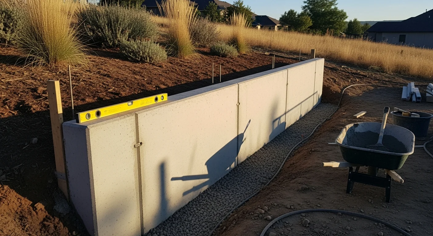 A finished concrete retaining wall on a sloped residential property in Kiowa, Colorado, holding back a graded hillside with a flat yard area visible above the wall. The wall shows clean formed concrete with a drainage outlet at the base.