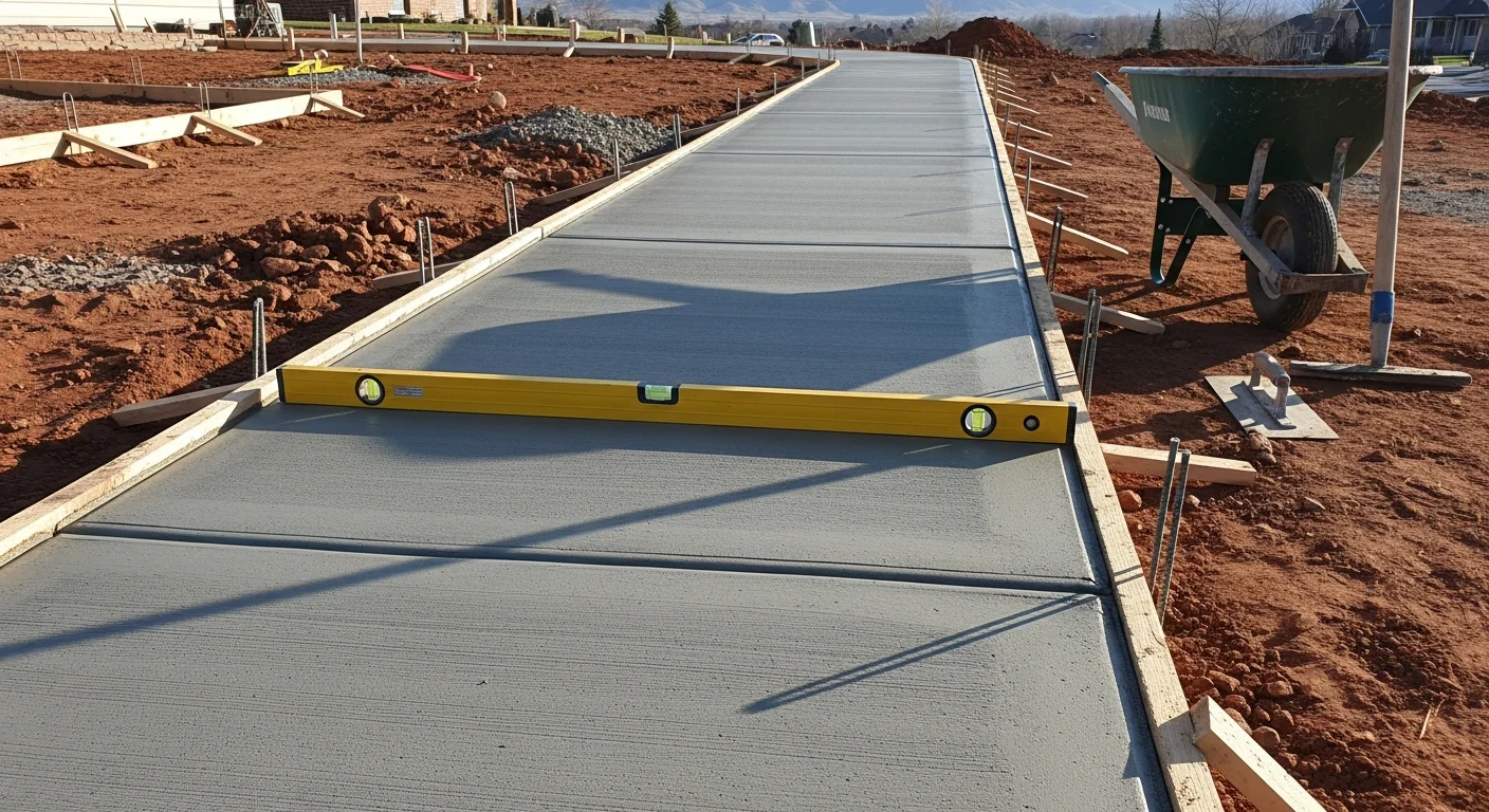 A freshly poured and finished concrete sidewalk running along the front of a single-family home in Kiowa, Colorado. The slab shows clean edges, smooth surface texture, and evenly spaced control joints.