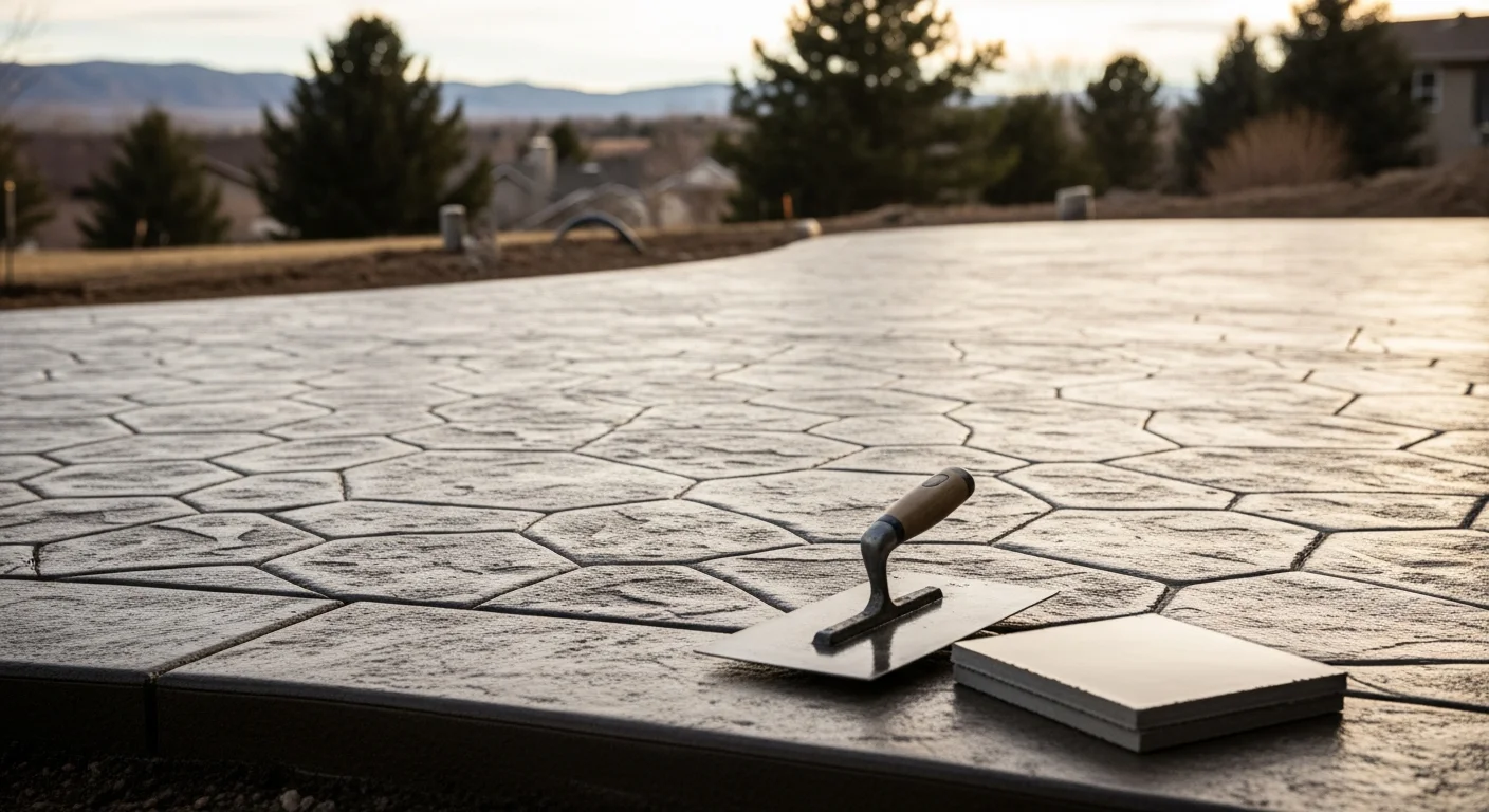 A finished decorative concrete patio with a stamped stone pattern in a Kiowa, Colorado backyard. The surface shows clean texture and color detail suited to an outdoor living space in a high-elevation Colorado climate.