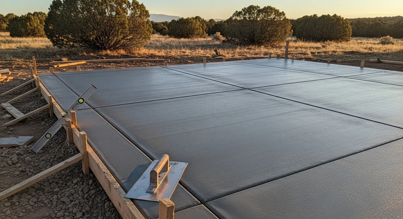 A finished concrete patio behind a single-family home in Kiowa, Colorado, with a smooth brushed surface and clean edges extending from the back door into the yard. The slab is sized for outdoor furniture and grilling, set against an open Colorado sky.