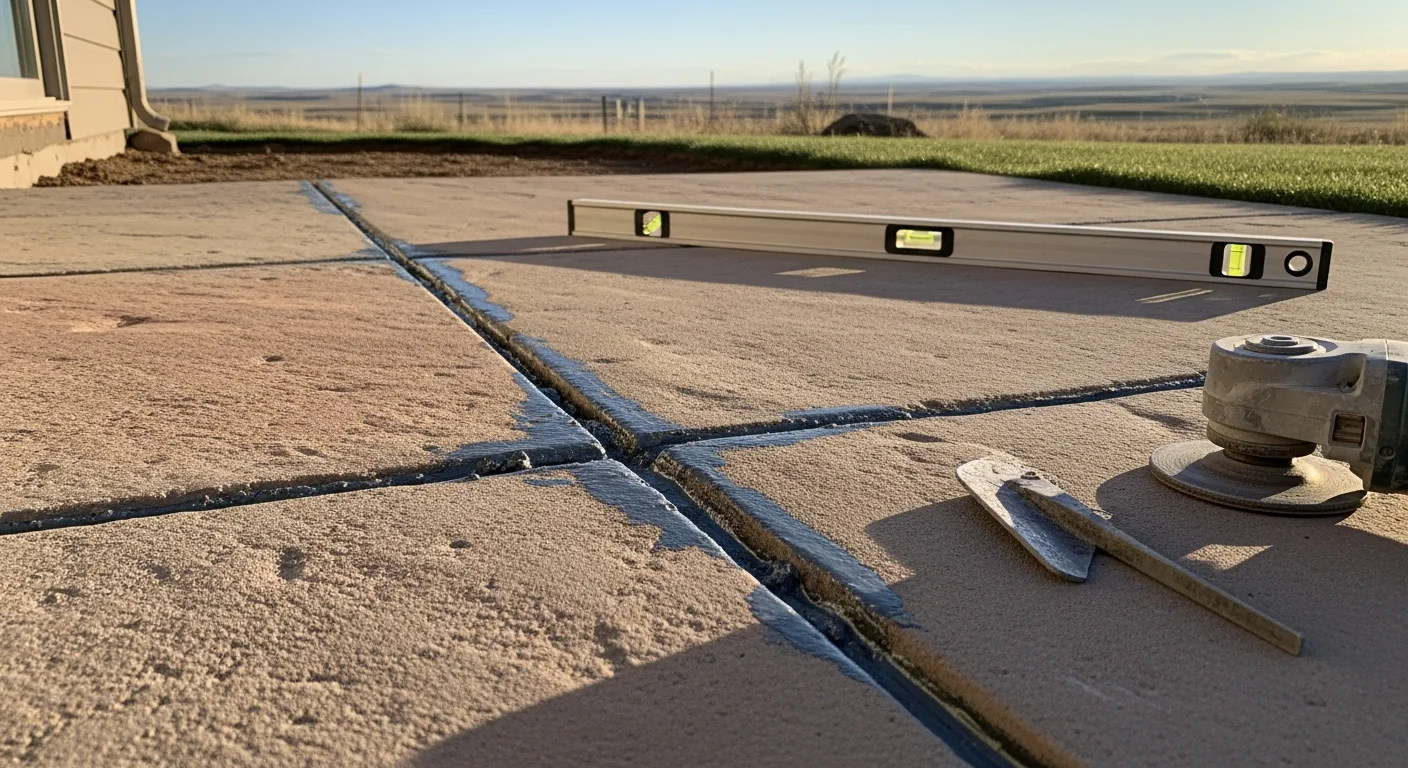 A repaired concrete patio behind a residential home in Kiowa, Colorado, showing a smooth, level surface with filled cracks and restored edges. The patio sits against a backdrop of open eastern plains sky typical of Elbert County.