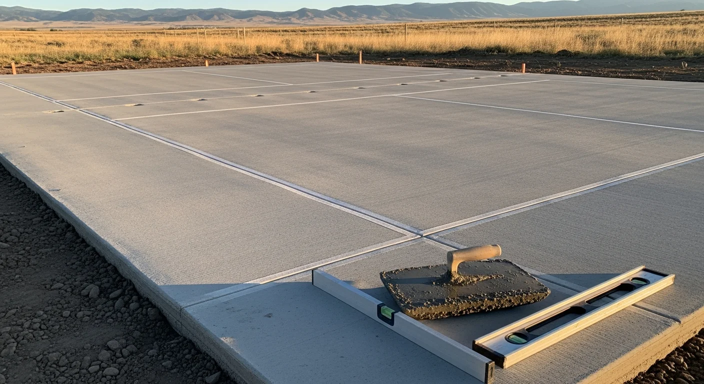 Freshly poured and color-coated concrete pickleball court with painted regulation lines and net posts set in a residential backyard in Kiowa, Colorado. The court shows a clean two-tone surface finish with white boundary lines against an open high-plains sky.