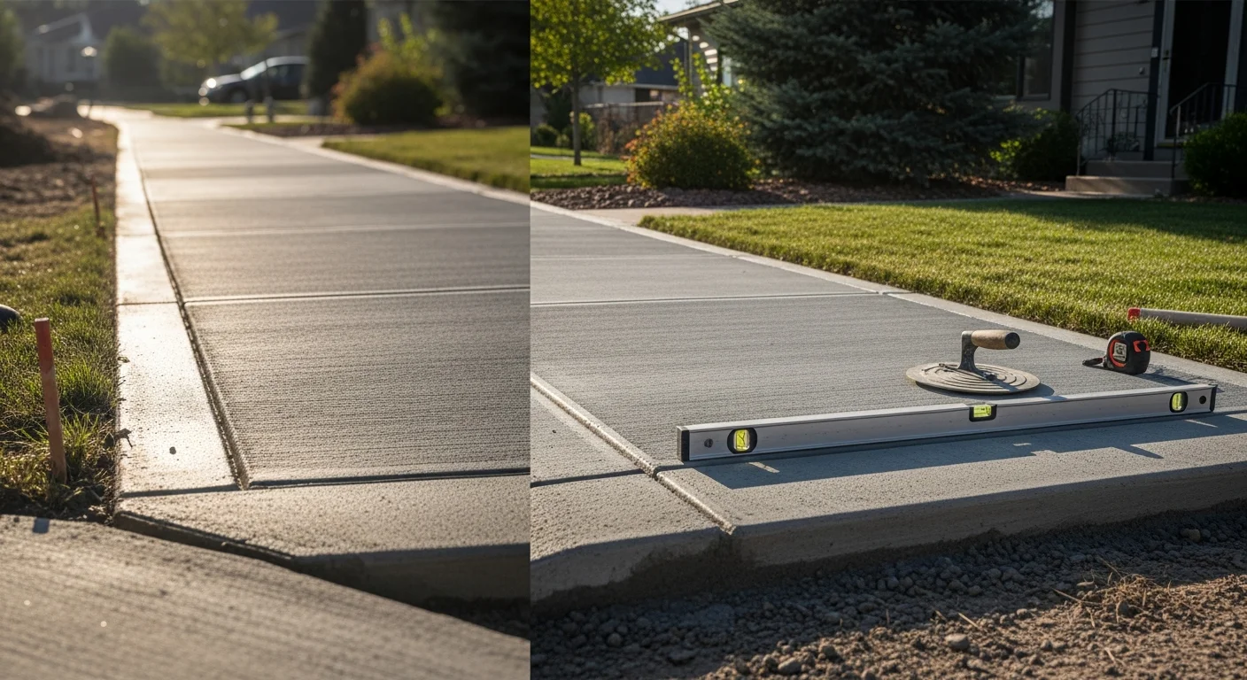 A freshly poured and finished concrete sidewalk section in Kiowa, Colorado, with clean straight edges and smooth surface replacing a previously cracked and heaved slab. The repaired walkway runs along a residential property with the eastern plains landscape visible in the background.