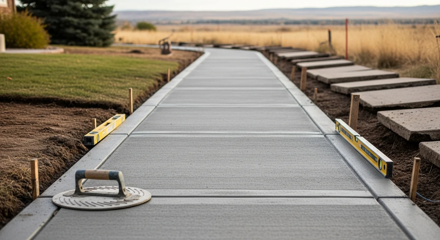 Freshly poured concrete sidewalk panels in front of a residential property in Kiowa, Colorado, with clean control joints and a smooth brushed finish. The surrounding yard shows removed debris from the old cracked slabs.