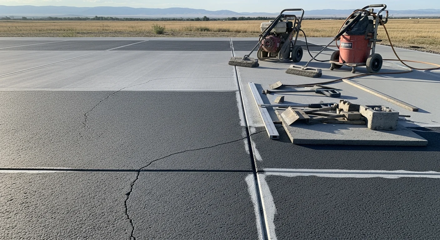 A repaired concrete sports court in Kiowa, Colorado with freshly filled cracks, smooth surface, and newly painted court lines. The court shows an even playing surface ready for basketball or pickleball use under open Colorado skies.