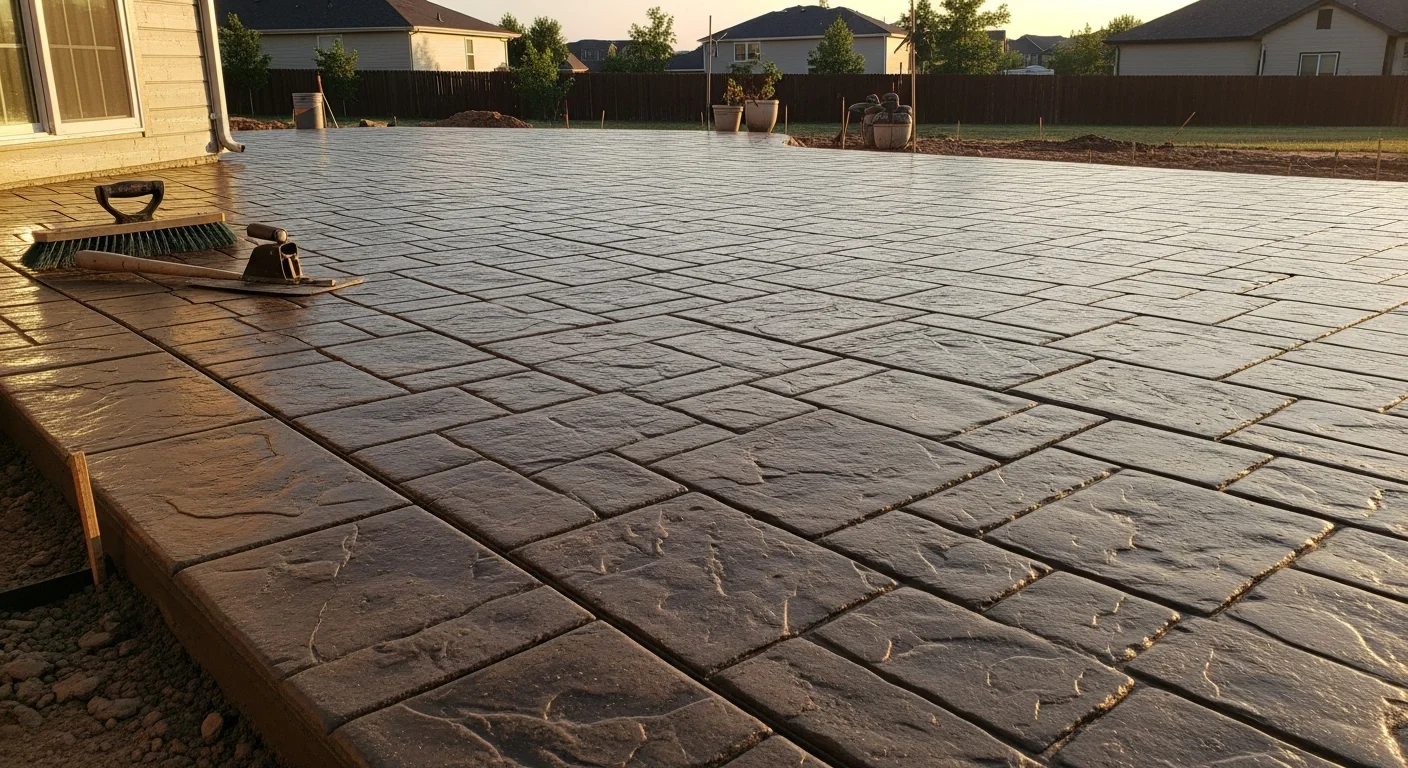 A freshly sealed stamped concrete patio with a flagstone pattern installed behind a single-family home in Kiowa, Colorado. The surface shows consistent color and texture with clean edges and a slight drainage slope away from the house.
